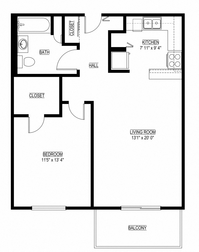 Floor plan for 1 bed, 1 bath, 692 sqft